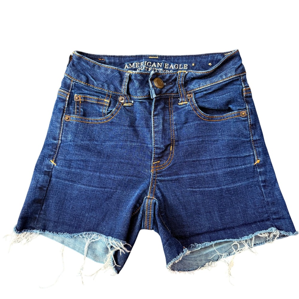 American Eagle Denim Shorts Women Size 0 Dark Wash High Rise Raw Hem Cutoff Jean